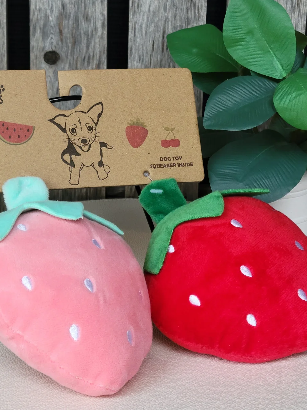 Plush & Squeaky Strawberry Dog Toys - Red & Pink